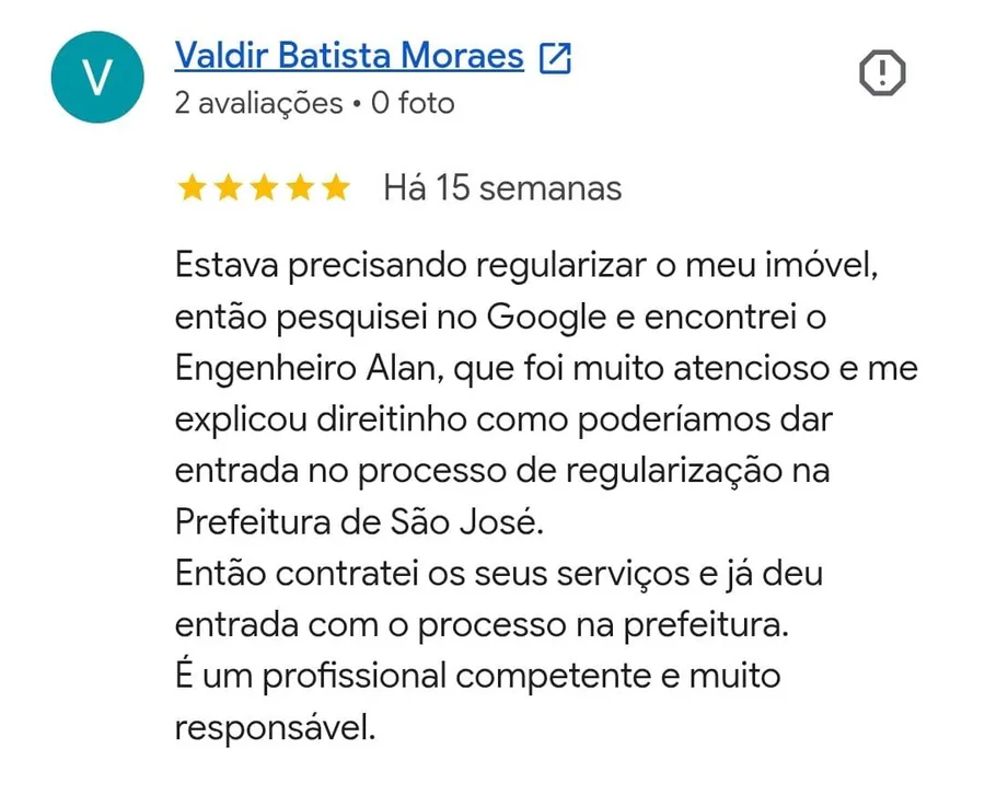 Avaliação no Google de Valdir Batista Moraes